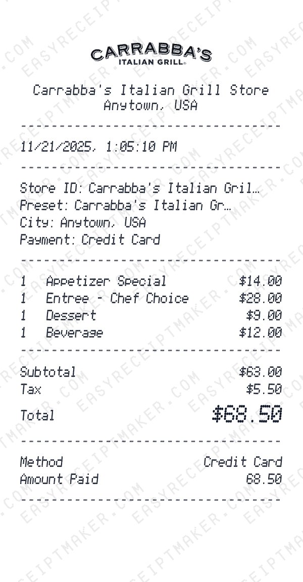 Carrabba's Italian Grill receipt preview