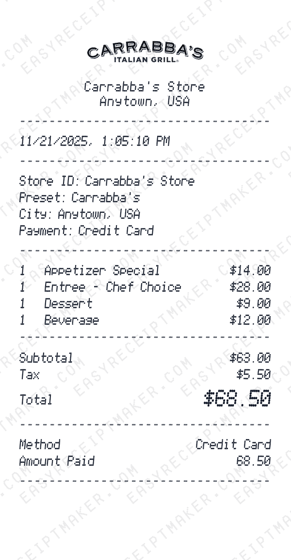 Carrabba's receipt preview