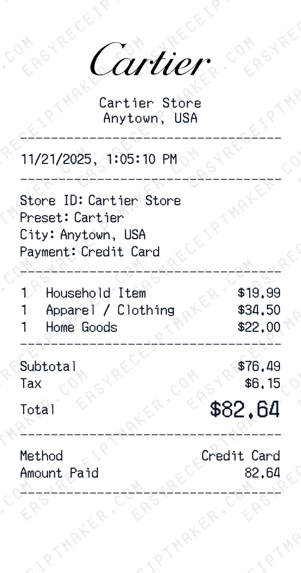 Cartier receipt preview