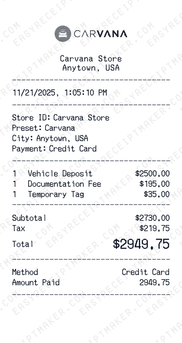 Carvana receipt template