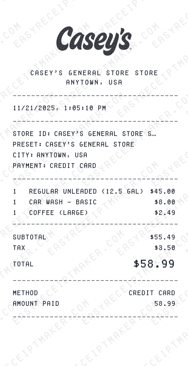Casey's General Store receipt preview