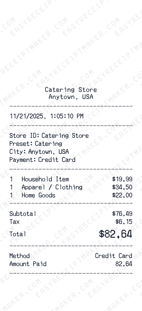 Catering receipt preview
