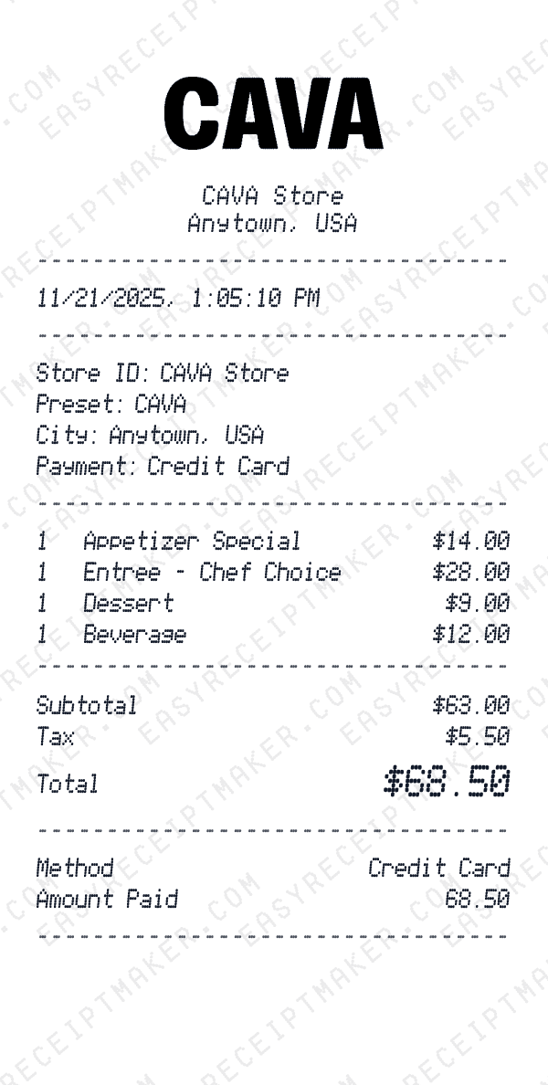 CAVA receipt preview