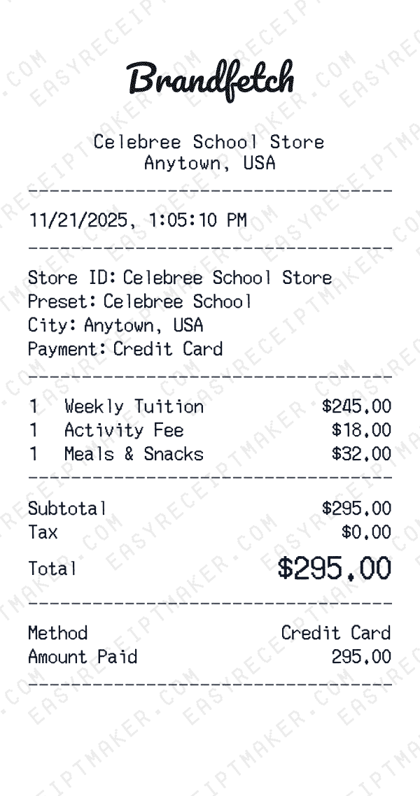 Celebree School receipt preview
