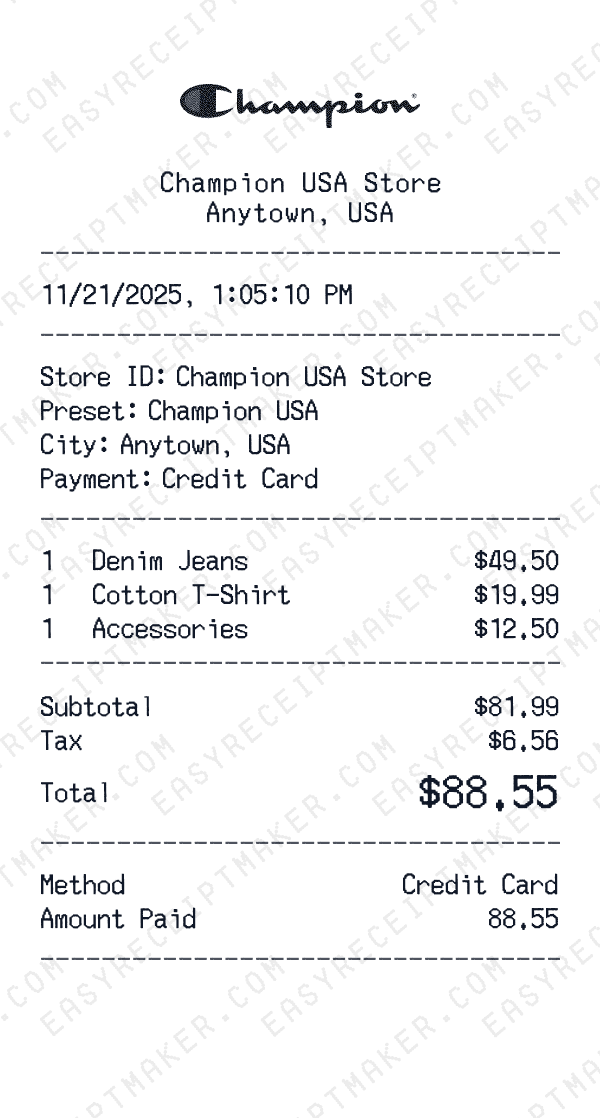Champion USA receipt preview
