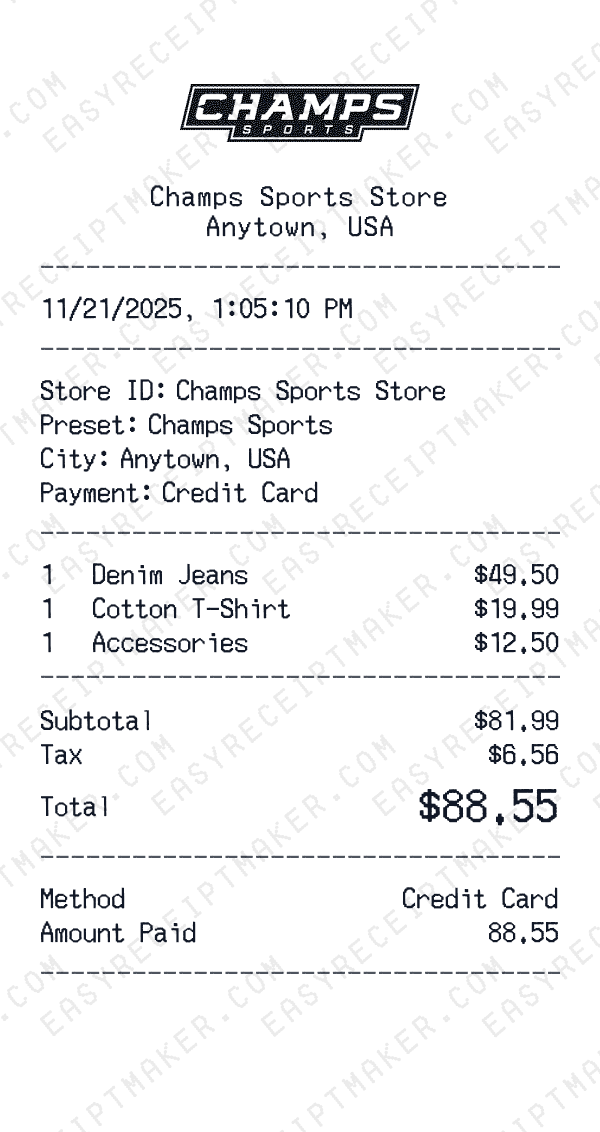 Champs Sports receipt preview