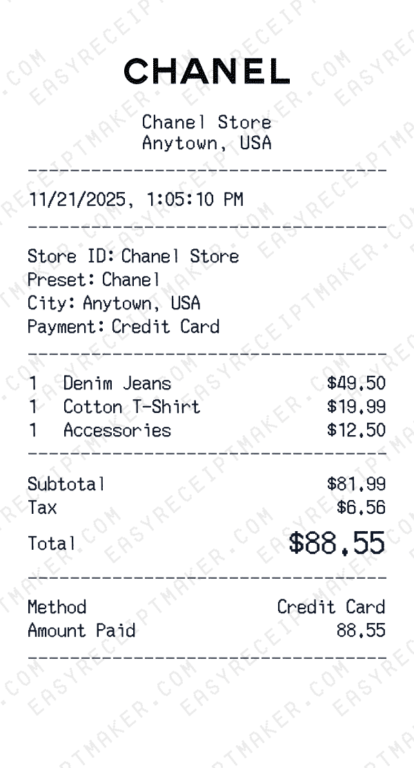 Chanel receipt preview