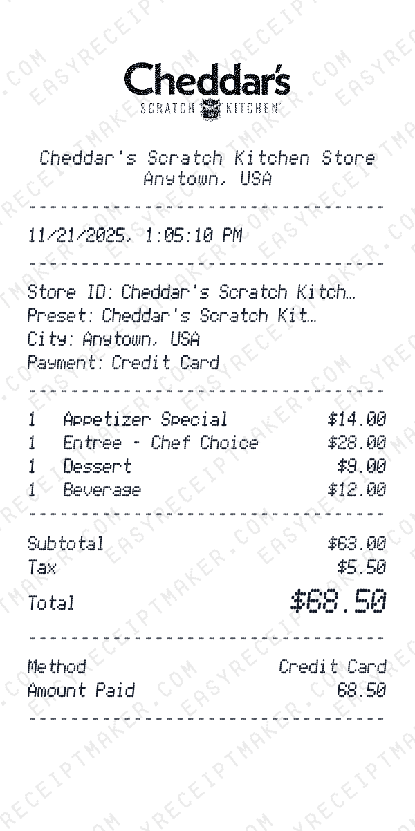 Cheddar's Scratch Kitchen receipt preview
