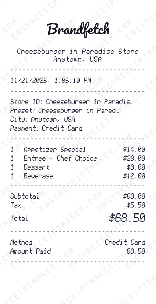 Cheeseburger in Paradise receipt preview