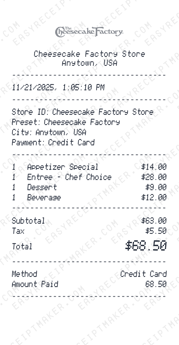 Cheesecake Factory receipt preview