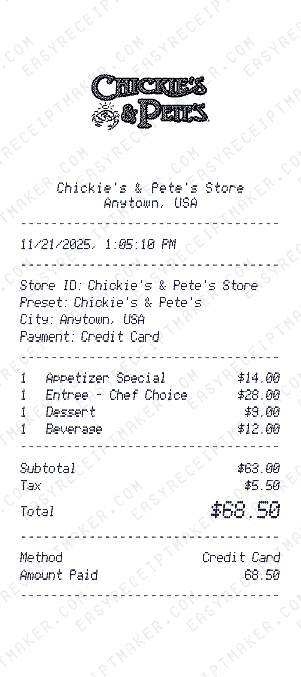 Chickie's & Pete's receipt preview
