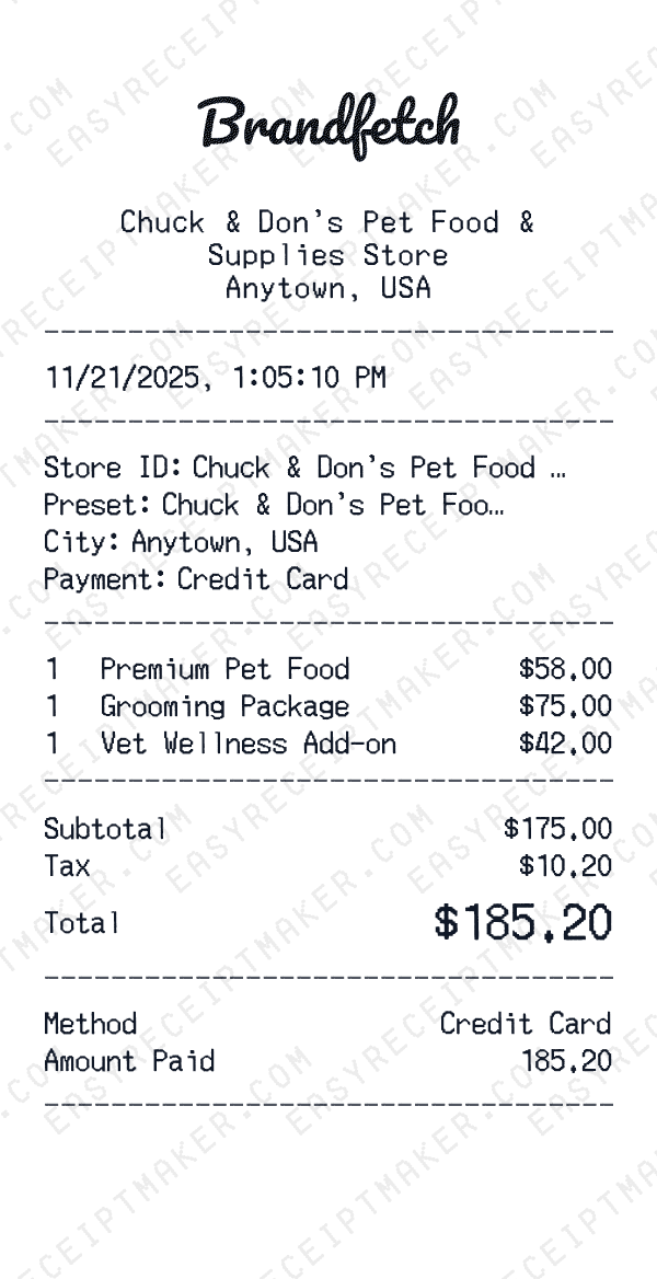 Chuck & Don's Pet Food & Supplies receipt preview