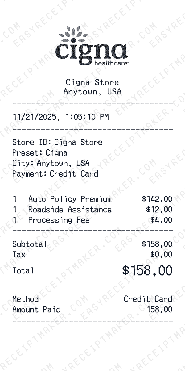 Cigna receipt preview