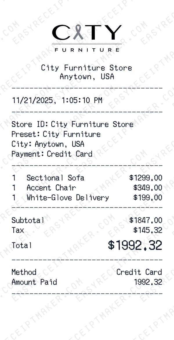 City Furniture receipt preview
