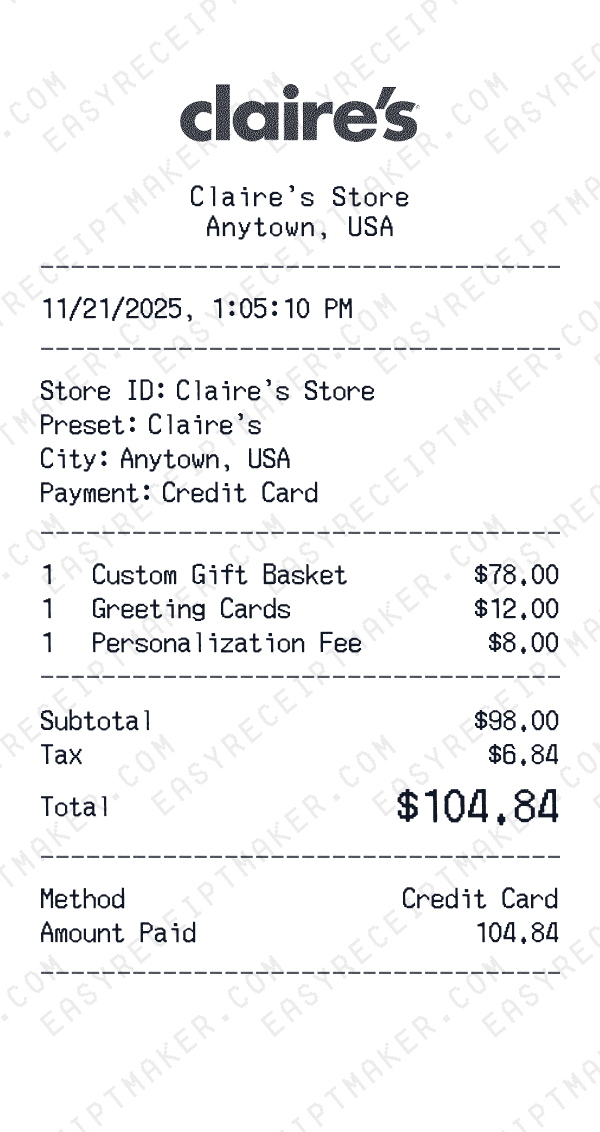 Claire's receipt preview