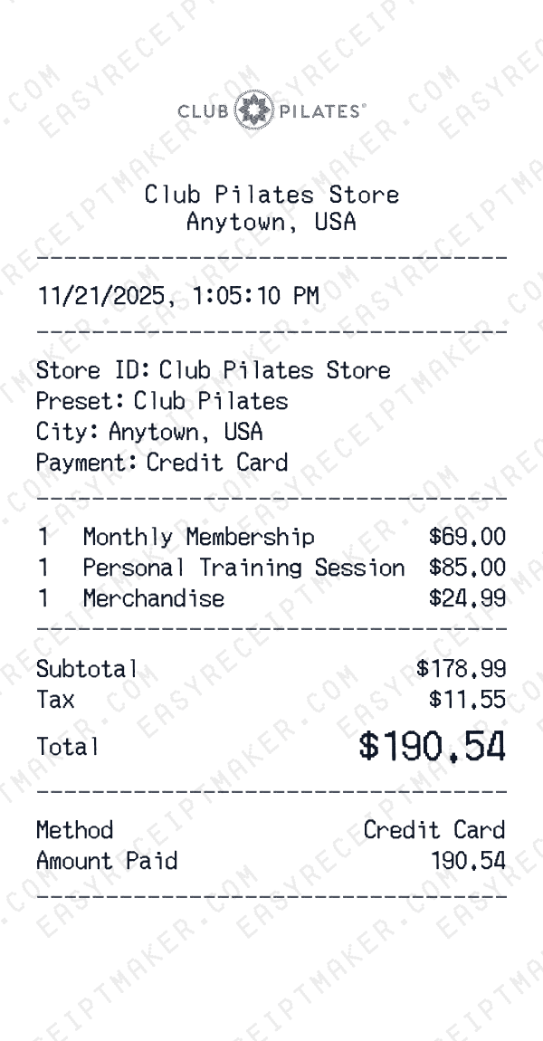 Club Pilates receipt preview