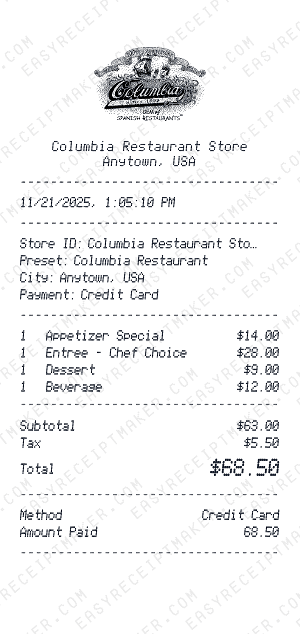 Columbia Restaurant receipt preview