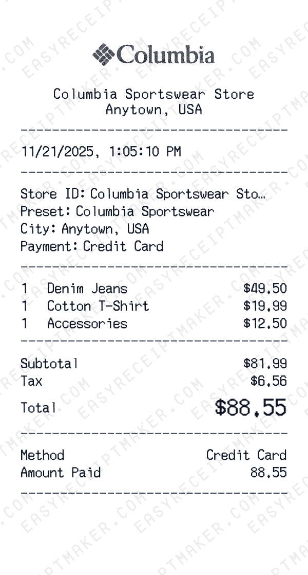 Columbia Sportswear receipt preview