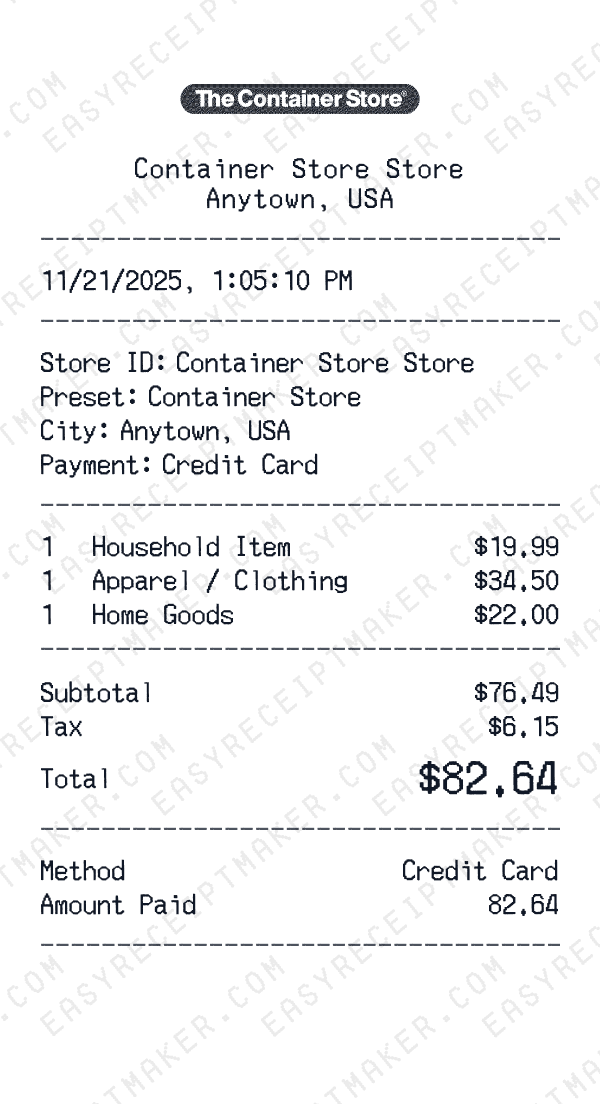 Container Store receipt preview