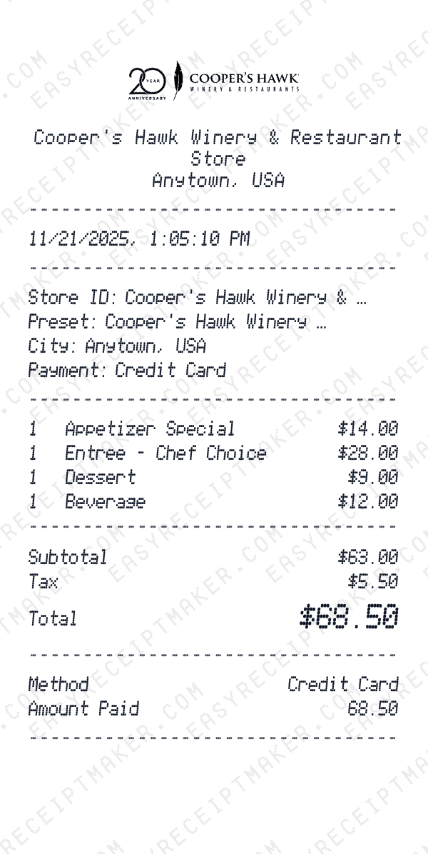 Cooper's Hawk Winery & Restaurant receipt preview