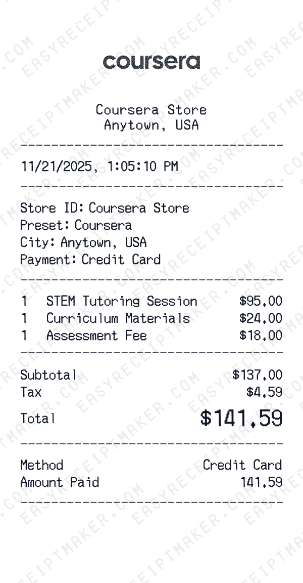 Coursera receipt preview
