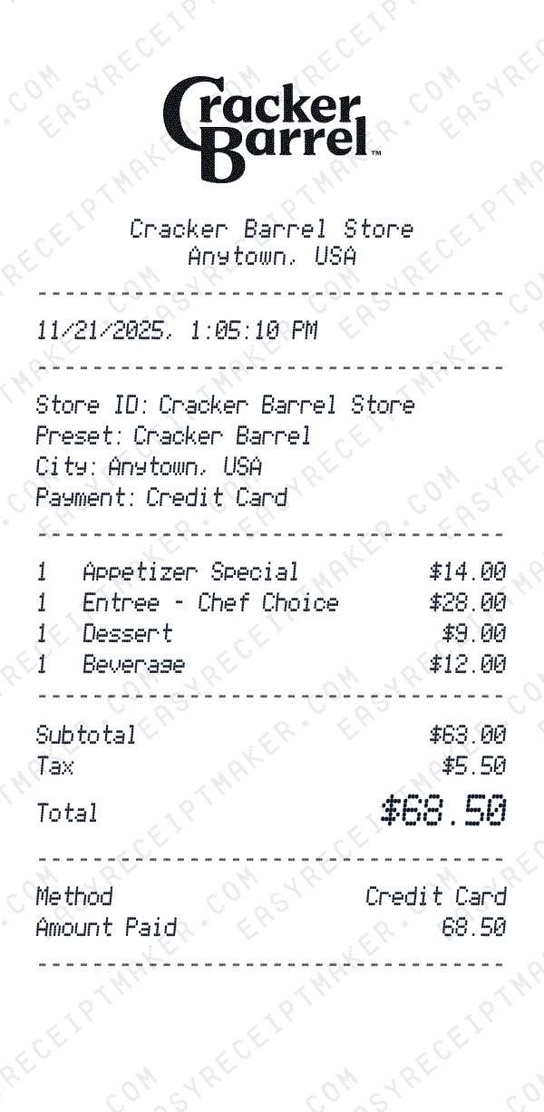 Cracker Barrel receipt preview