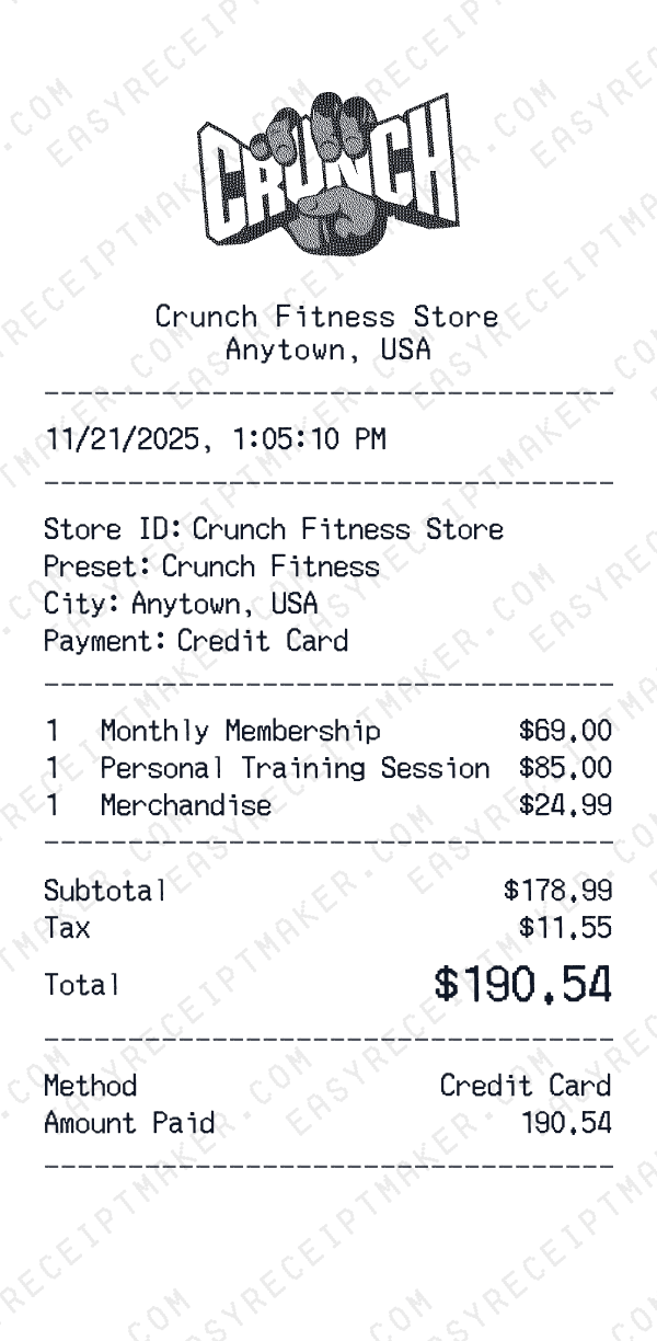Crunch Fitness receipt preview