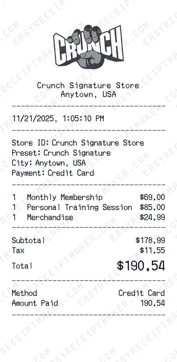 Crunch Signature receipt preview