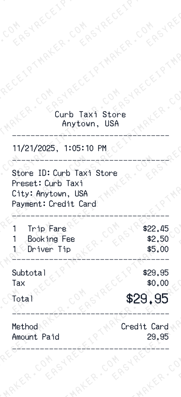 Curb Taxi receipt template
