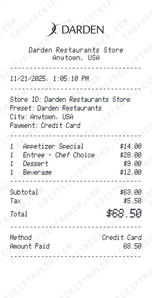 Darden Restaurants receipt preview