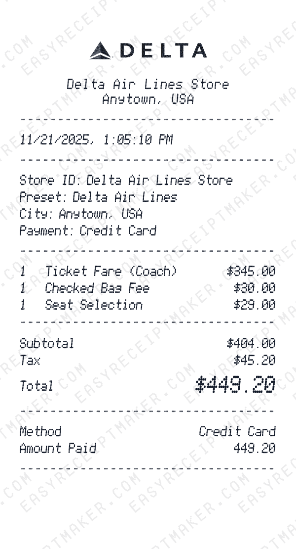 Delta Air Lines receipt preview