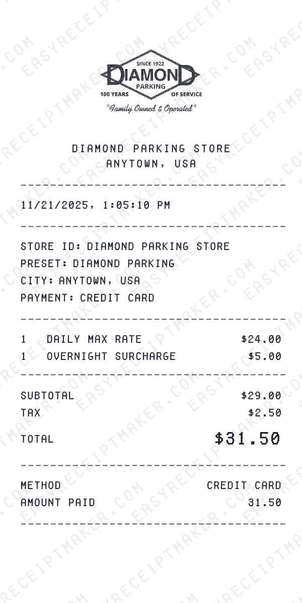 Diamond Parking receipt template