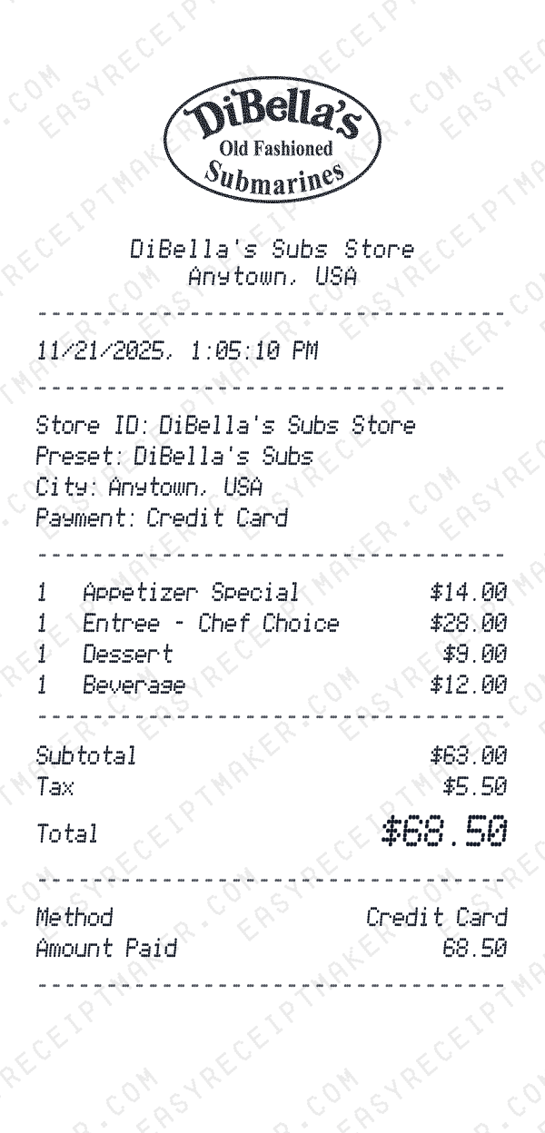 DiBella's Subs receipt preview