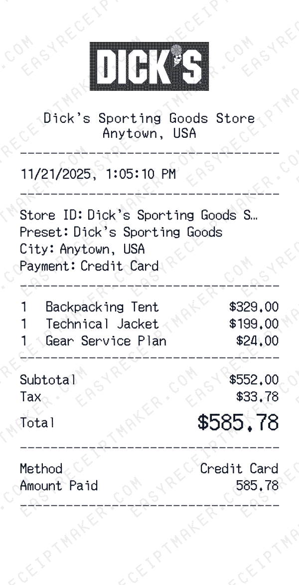 Dick's Sporting Goods receipt preview
