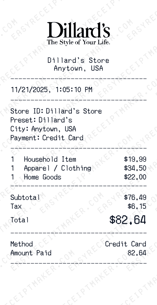 Dillard's receipt preview