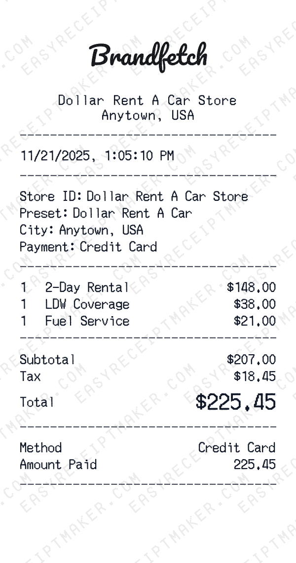 Dollar Rent A Car receipt preview
