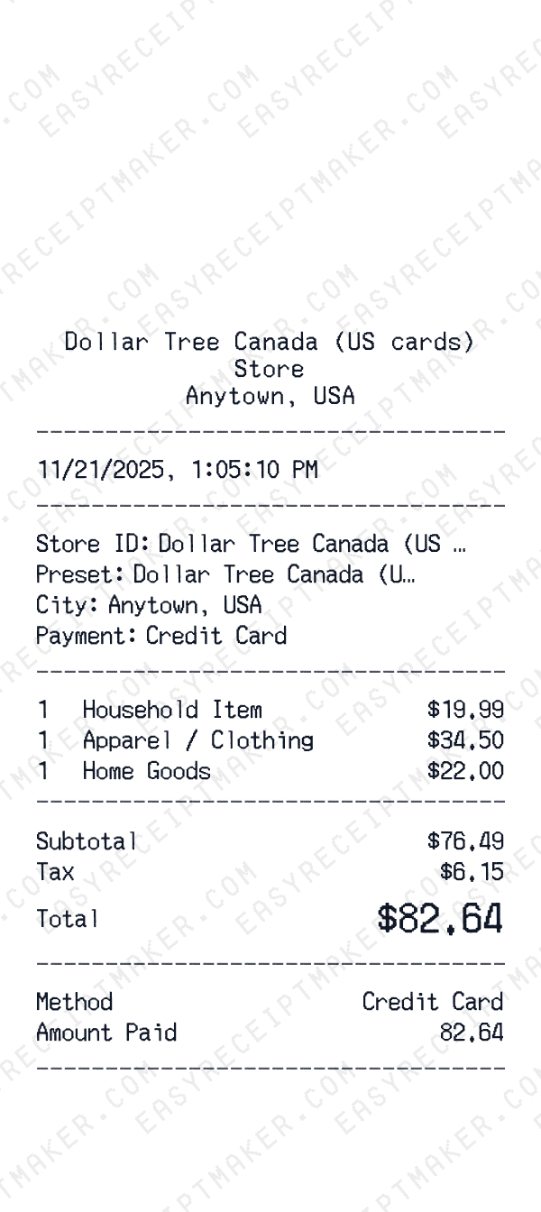 Dollar Tree Canada (US cards) receipt preview