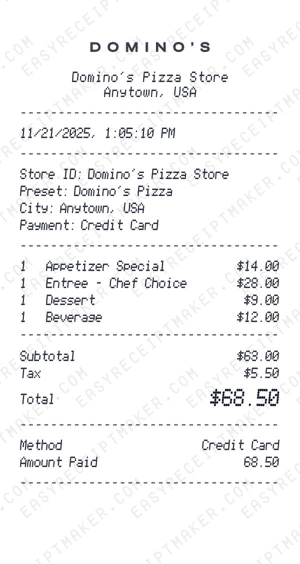 Domino's Pizza receipt preview