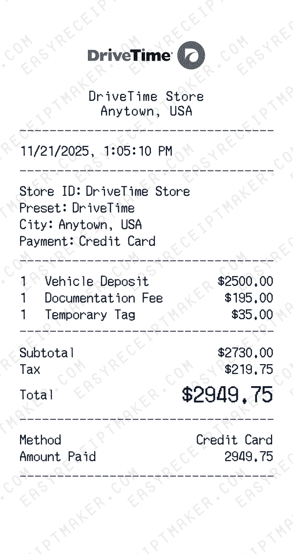 DriveTime receipt preview