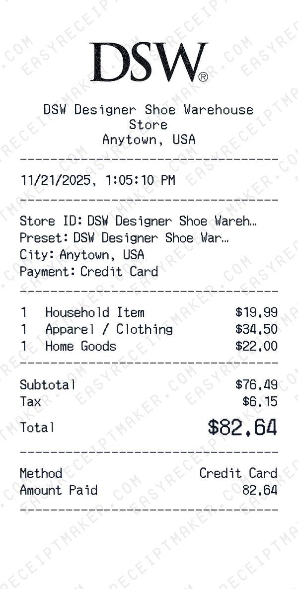 DSW Designer Shoe Warehouse receipt preview