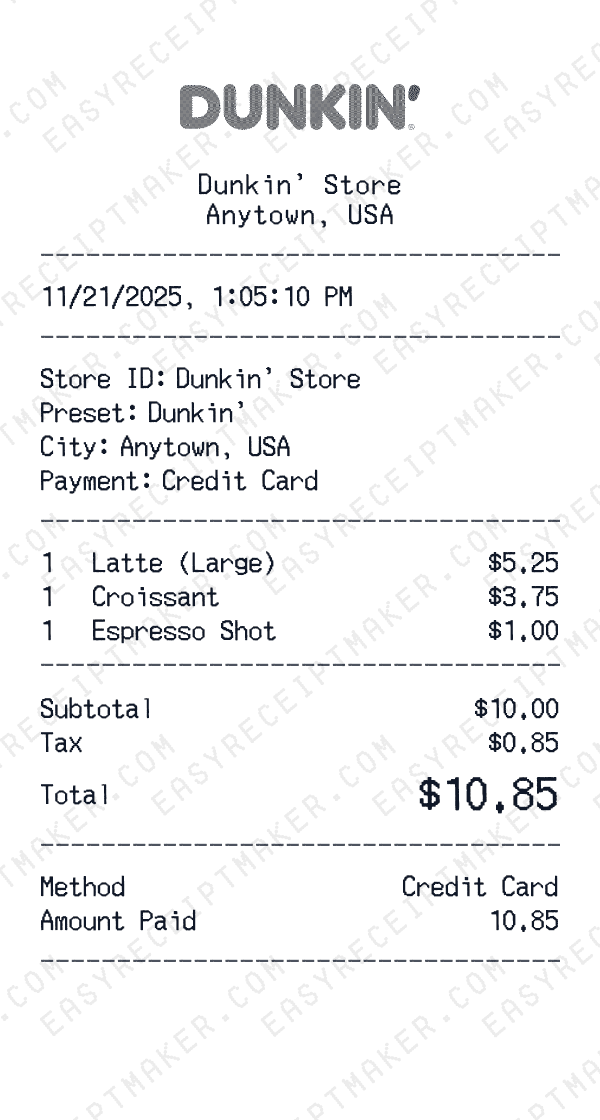Dunkin' receipt preview