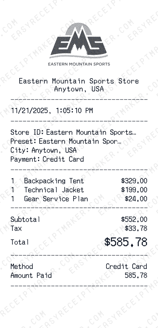 Eastern Mountain Sports receipt preview