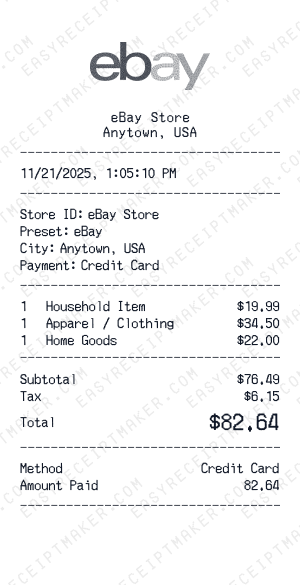 eBay receipt preview