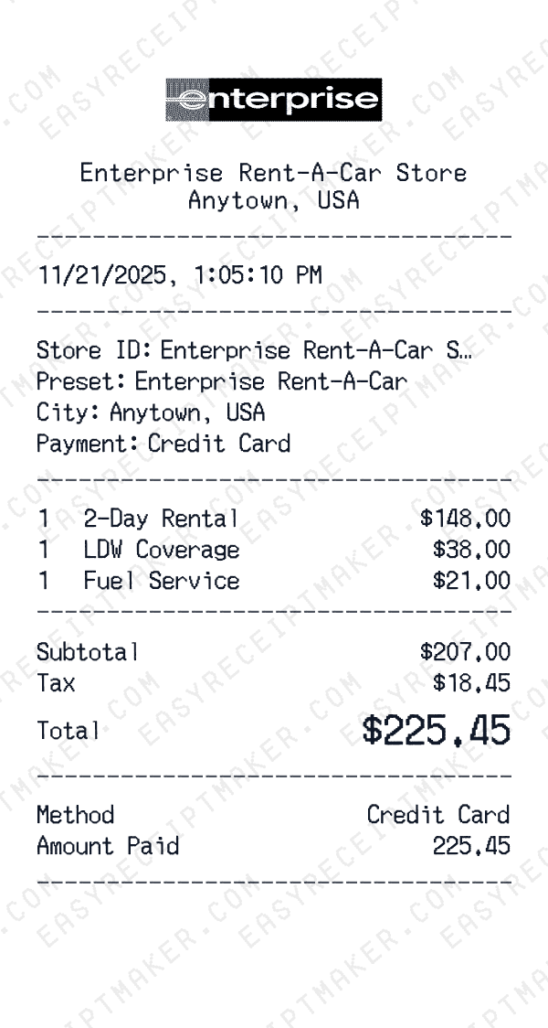 Enterprise Rent-A-Car receipt preview