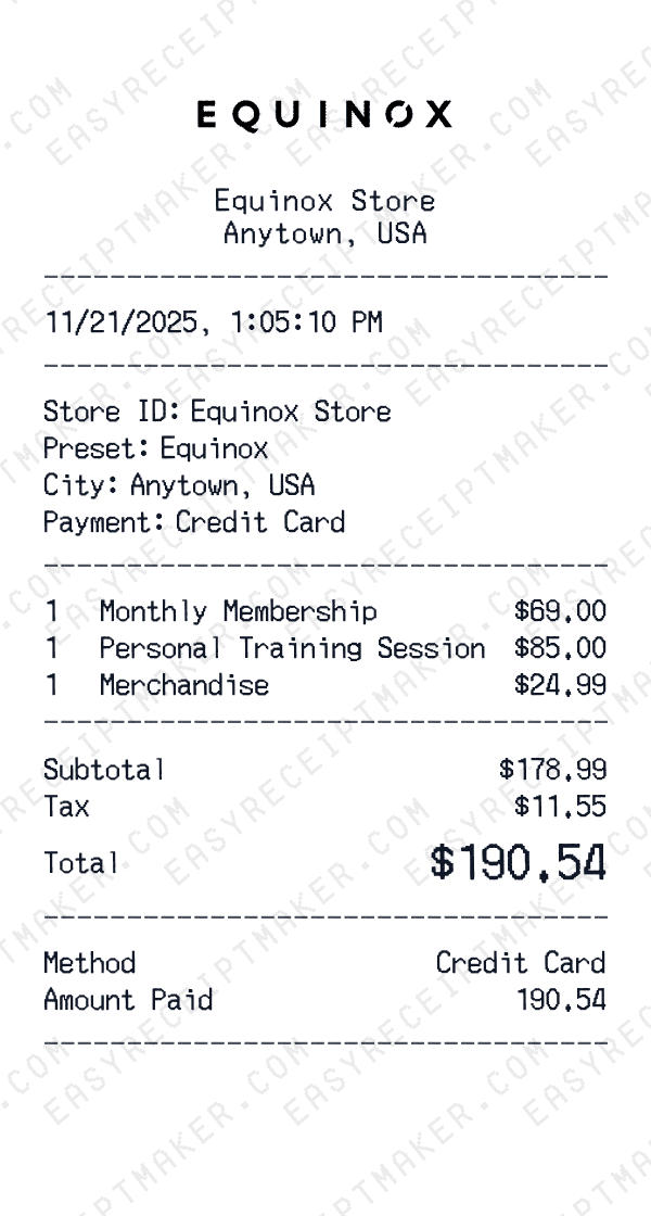 Equinox receipt preview