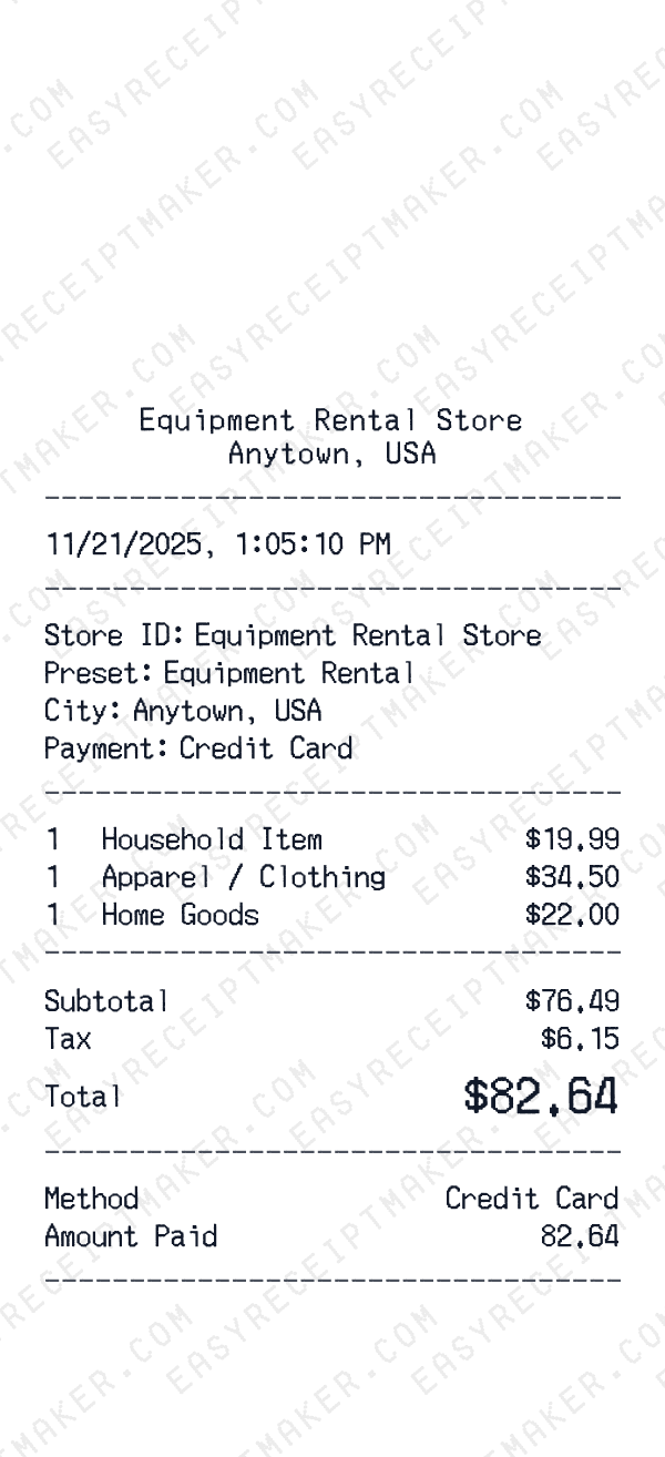 Equipment Rental receipt preview