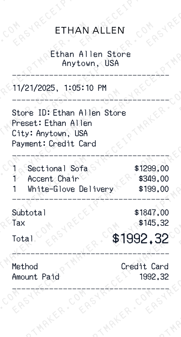 Ethan Allen receipt preview