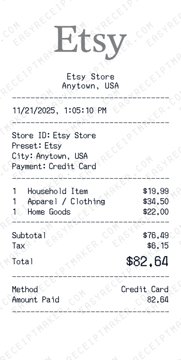 Etsy receipt preview
