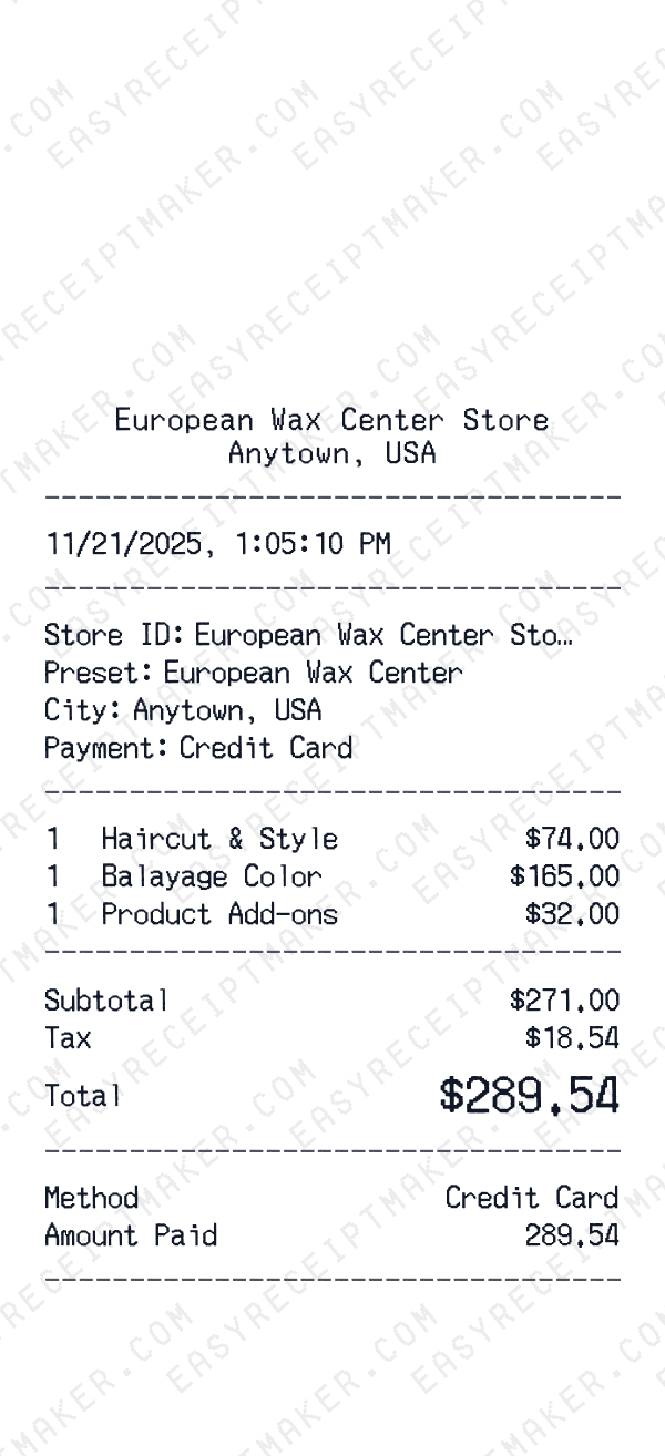 European Wax Center receipt preview