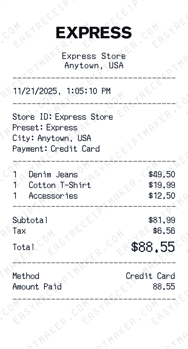 Express receipt preview